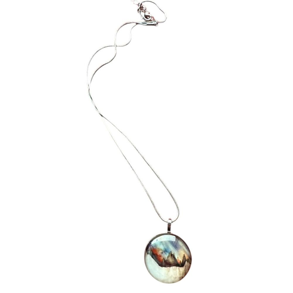 Bubble Mystical Magical Mountain Scene Pendant Silver and Earth Tones Necklace